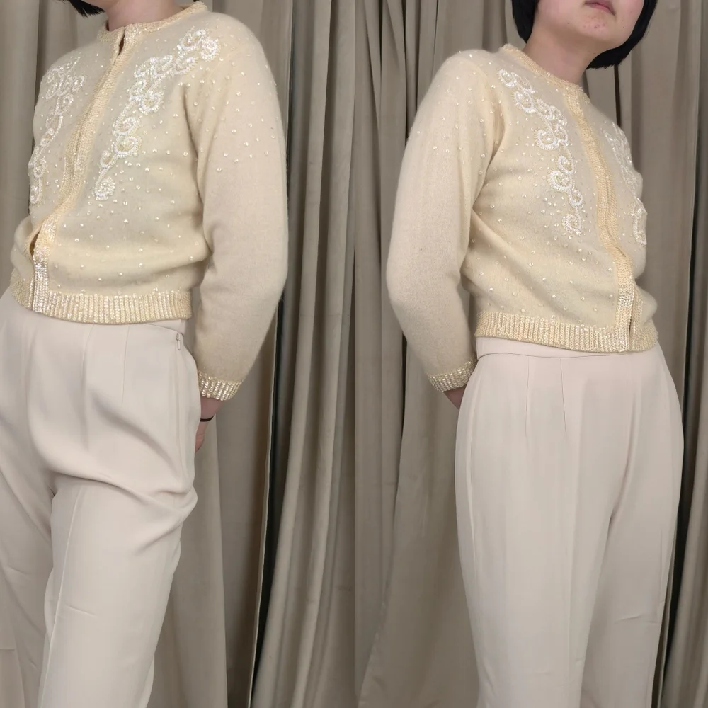 Vintage Wool and Rabbit Hair Cream Cardigan with Sequins Embellishments - Picture 3 of 8